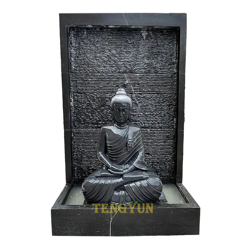 Outdoor natural stone black marble carved Buddha fountains statue wall water feature (5)