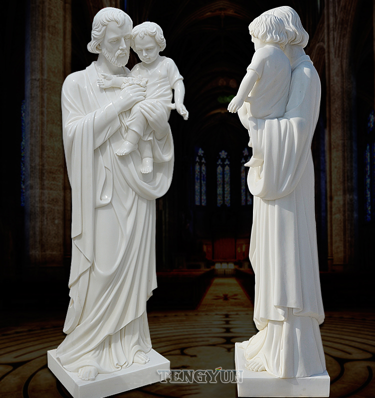 Religious Christian Life Size St. Joseph Holds Baby Jesus Marble Statue (2)