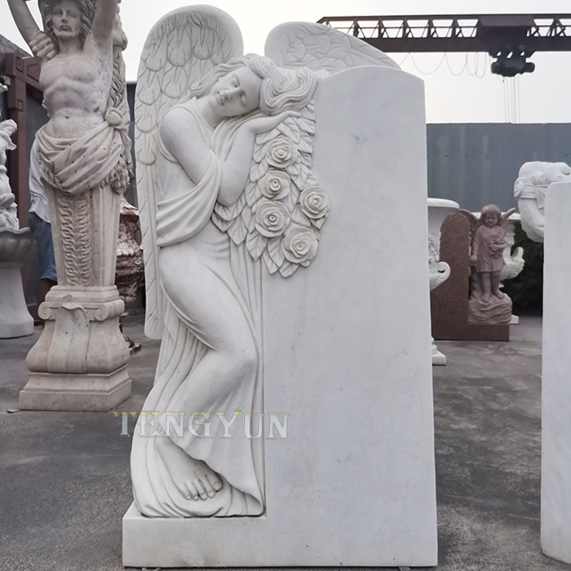 Stone carved cherub tombstone granite little angel cemetery monuments for sale (3)
