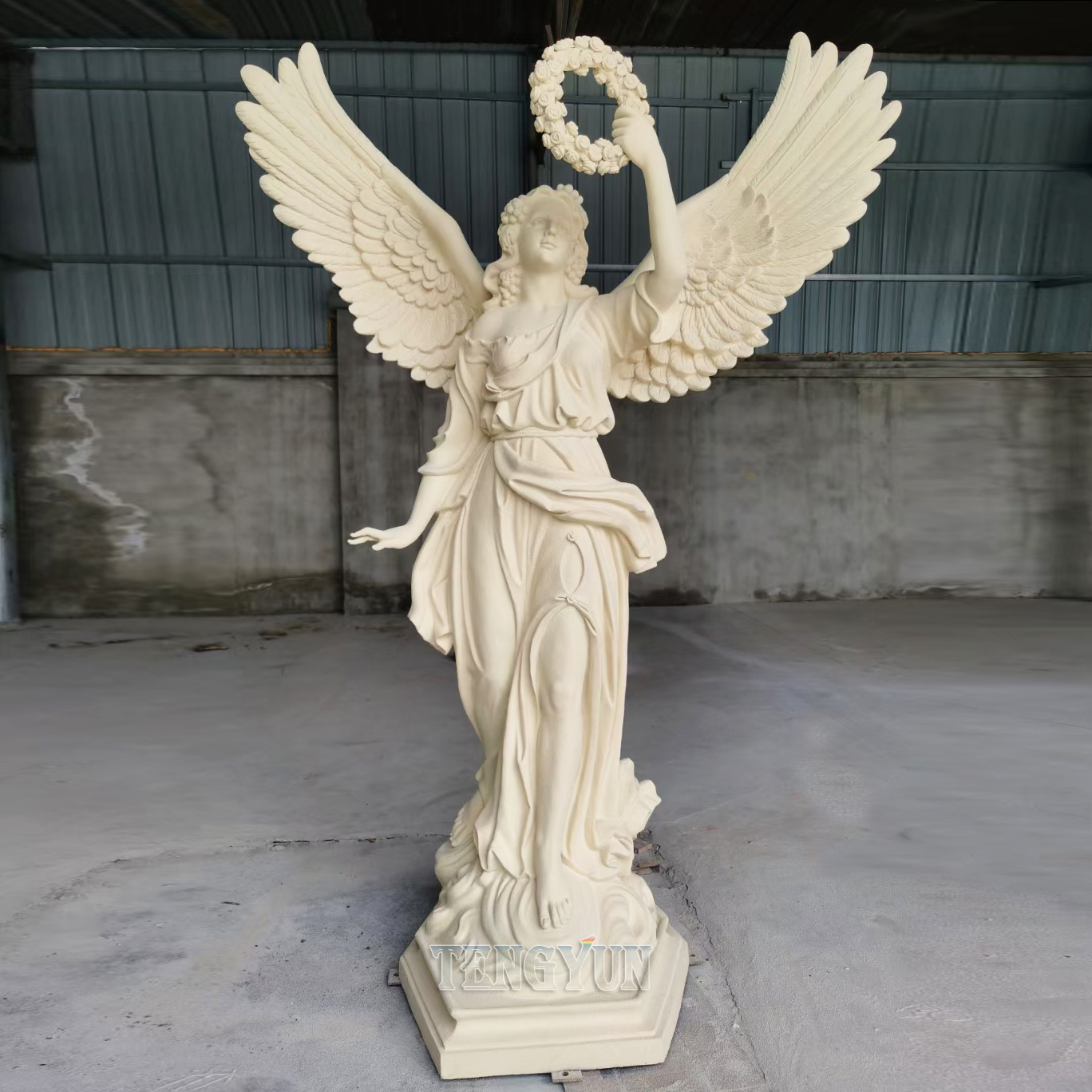 Stone-like coating angel statue with garland fiberglass sculpture (1)