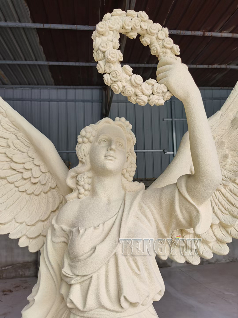 Stone-like coating angel statue with garland fiberglass sculpture (11)
