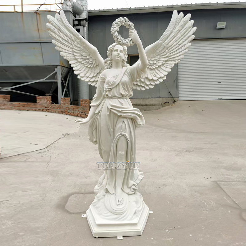 Stone-like coating angel statue with garland fiberglass sculpture (2)