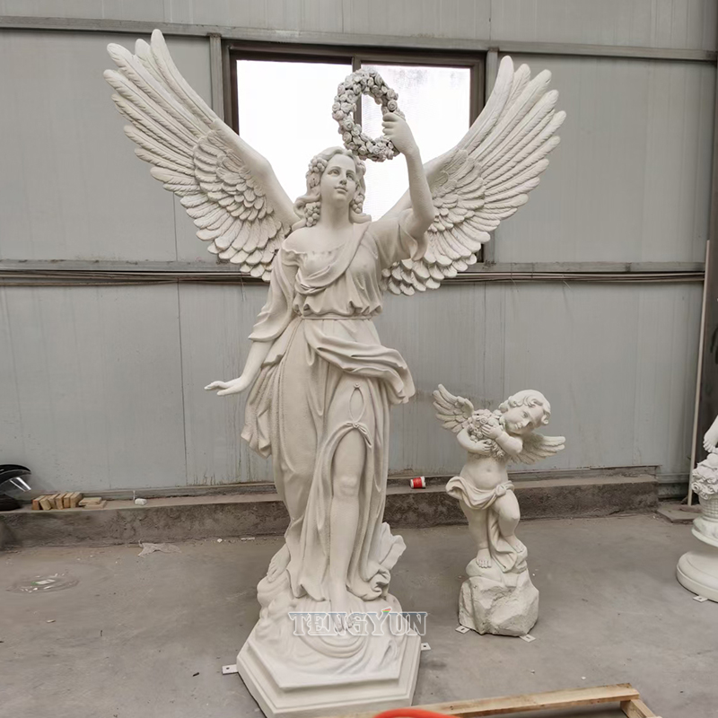 Stone-like coating angel statue with garland fiberglass sculpture (3)