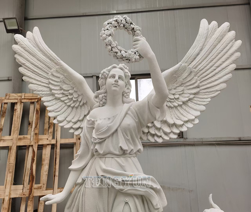 Stone-like coating angel statue with garland fiberglass sculpture (4)