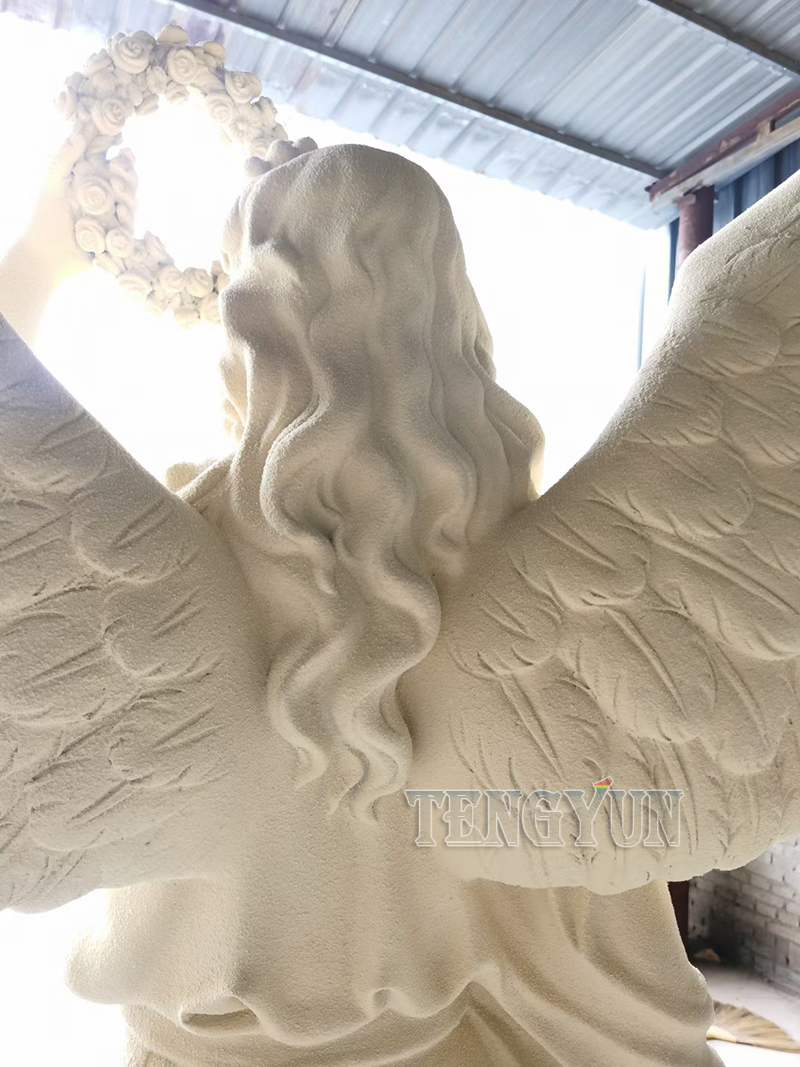 Stone-like coating angel statue with garland fiberglass sculpture (9)
