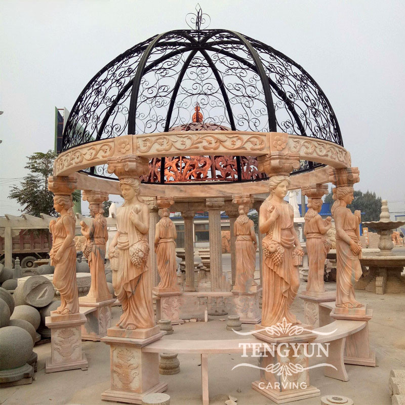 Sunset red marble gazebo with female statues (1)