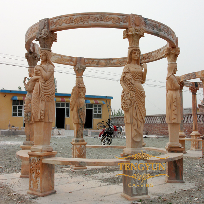 Sunset red marble gazebo with female statues (4)
