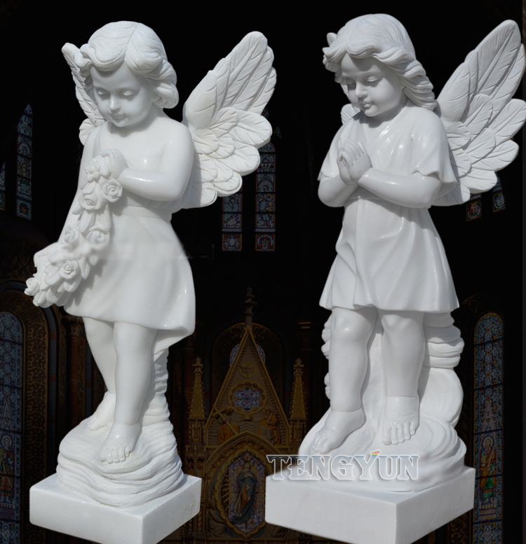 White Marble Guardian Cherub Statues Church Door Pair Of Stone Prayer Little Angel Statues For Sale (1)