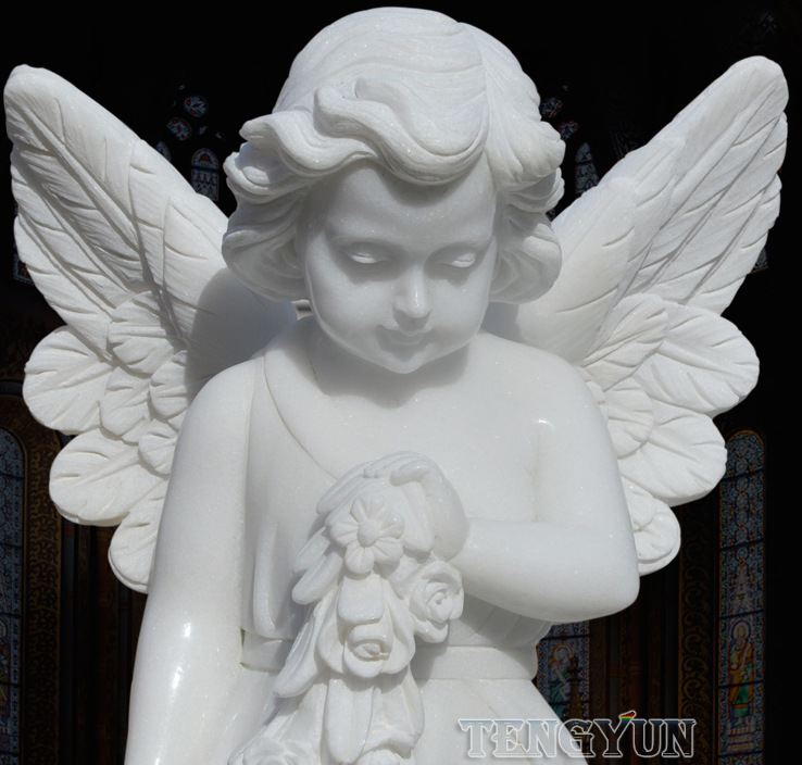 White Marble Guardian Cherub Statues Church Door Pair Of Stone Prayer Little Angel Statues For Sale (12)