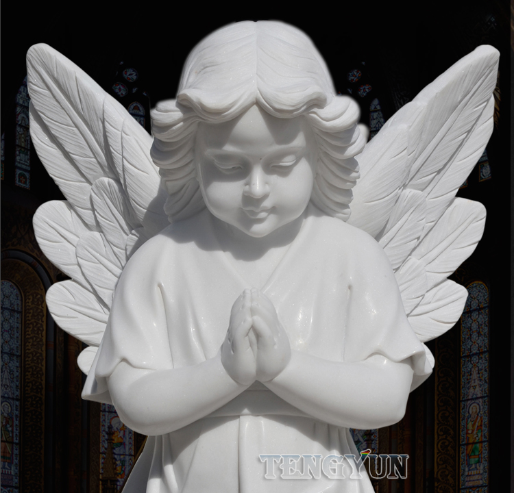 White Marble Guardian Cherub Statues Church Door Pair Of Stone Prayer Little Angel Statues For Sale (14)