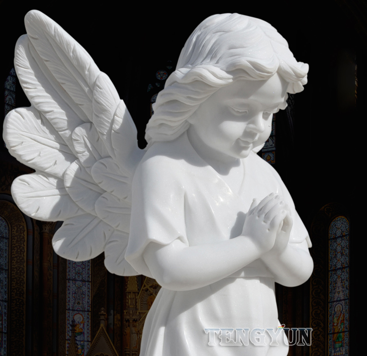 White Marble Guardian Cherub Statues Church Door Pair Of Stone Prayer Little Angel Statues For Sale (15)