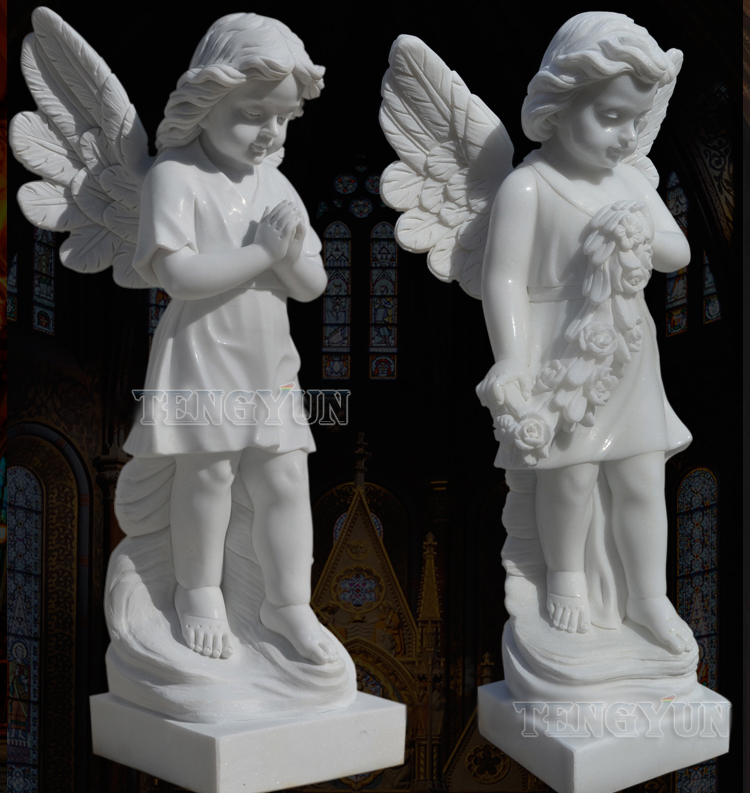 White Marble Guardian Cherub Statues Church Door Pair Of Stone Prayer Little Angel Statues For Sale (2)