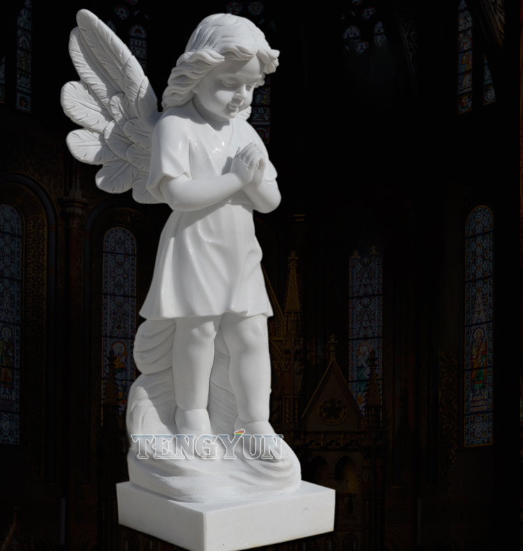 White Marble Guardian Cherub Statues Church Door Pair Of Stone Prayer Little Angel Statues For Sale (5)