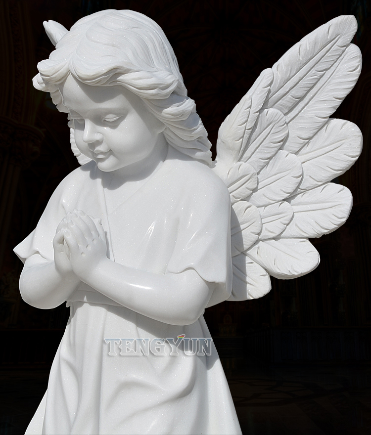 White Marble Guardian Cherub Statues Church Door Pair Of Stone Prayer Little Angel Statues For Sale (6)