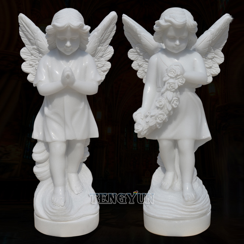 White Marble Guardian Cherub Statues Church Door Pair Of Stone Prayer Little Angel Statues For Sale (7)