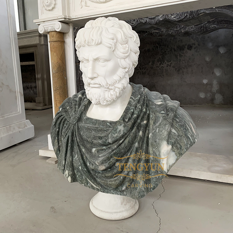 White and green marble carved life-size Roman marble bust collection stone  European bust decor (2)