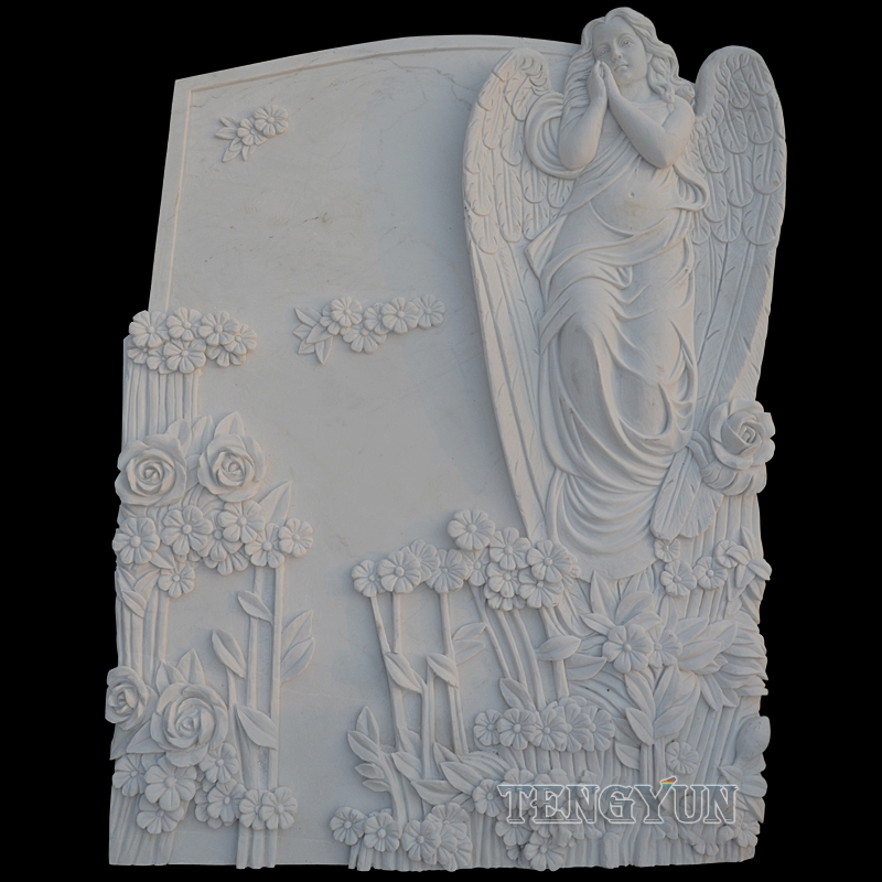 White marble carved relief angel statue tombstone (4)