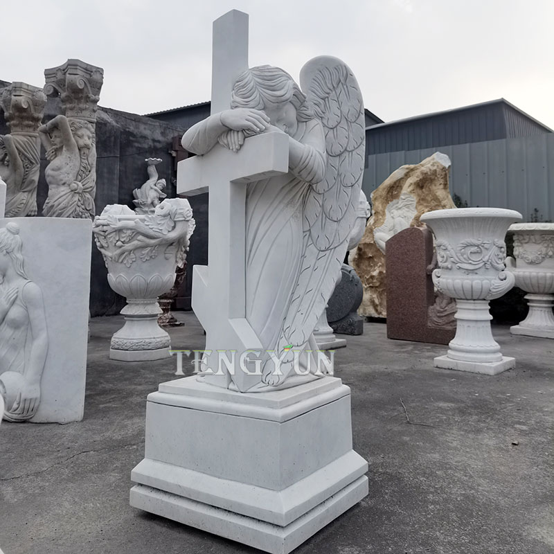 kneeling weeping sad marble angel with cross for cemetery(3)