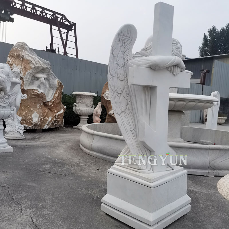 kneeling weeping sad marble angel with cross for cemetery(4)