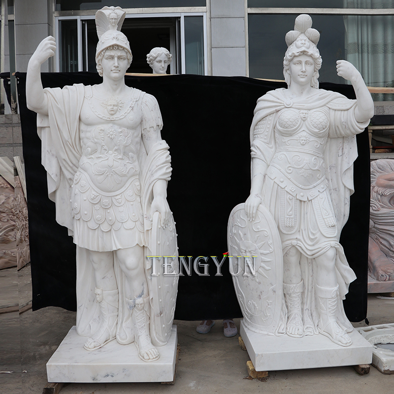 white marble pair of male and female warrior statues (3)
